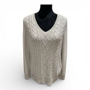 Chaps 1X Ivory Cable Knit V-Neck‎ Sweater w Subtle Metallic Thread